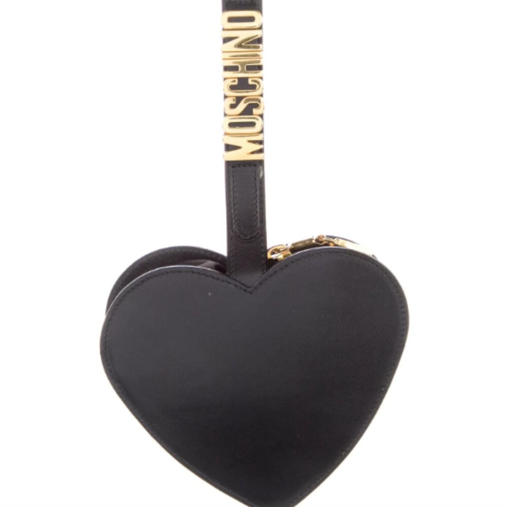 Moschino Vintage Black Leather Logo Heart Wristlet Bag